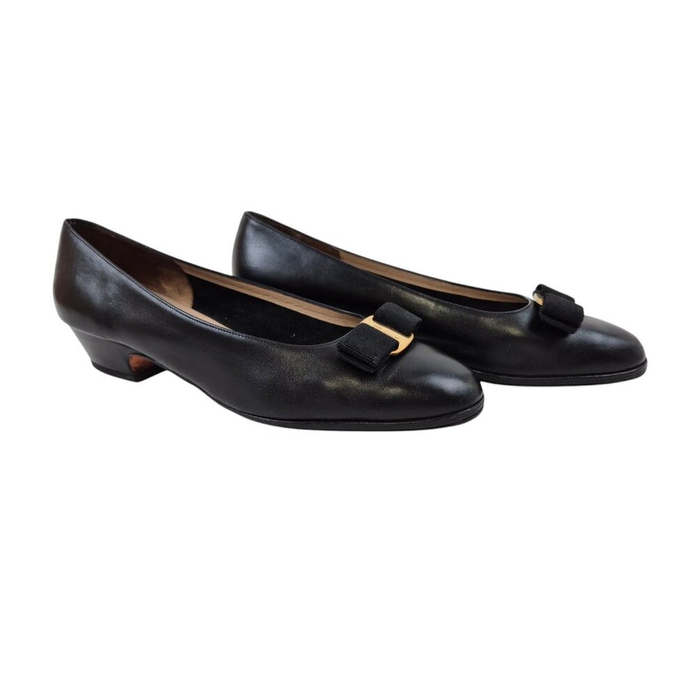 Salvatore Ferragamo Pumps Womens Size 9.5M Black Leather Shoes Bow Italy - Picture 8 of 13